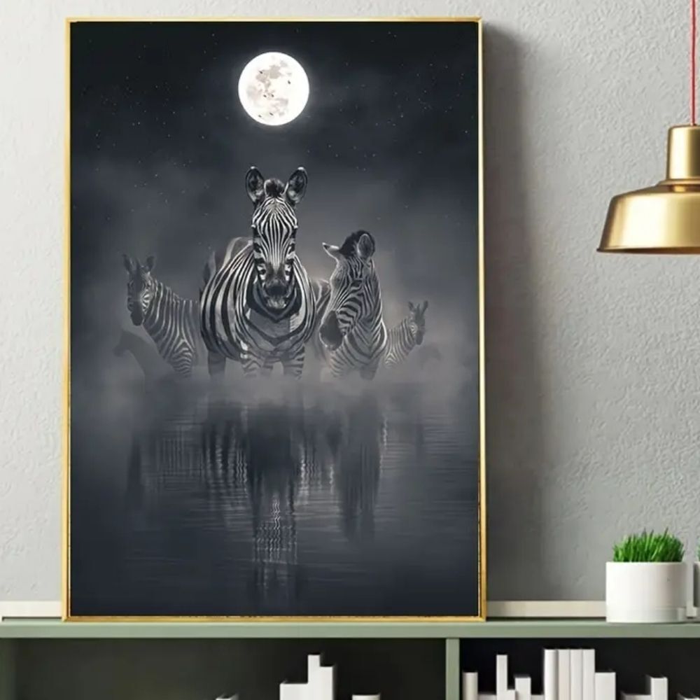 ZEBRAS IN MOONLIGHT poster canvas photo print animal fantasy image
